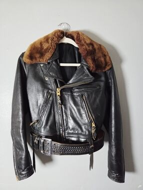 1960s Cal Leather Vintage Policeman Jacket Double Rider Jacket  Belt Included.